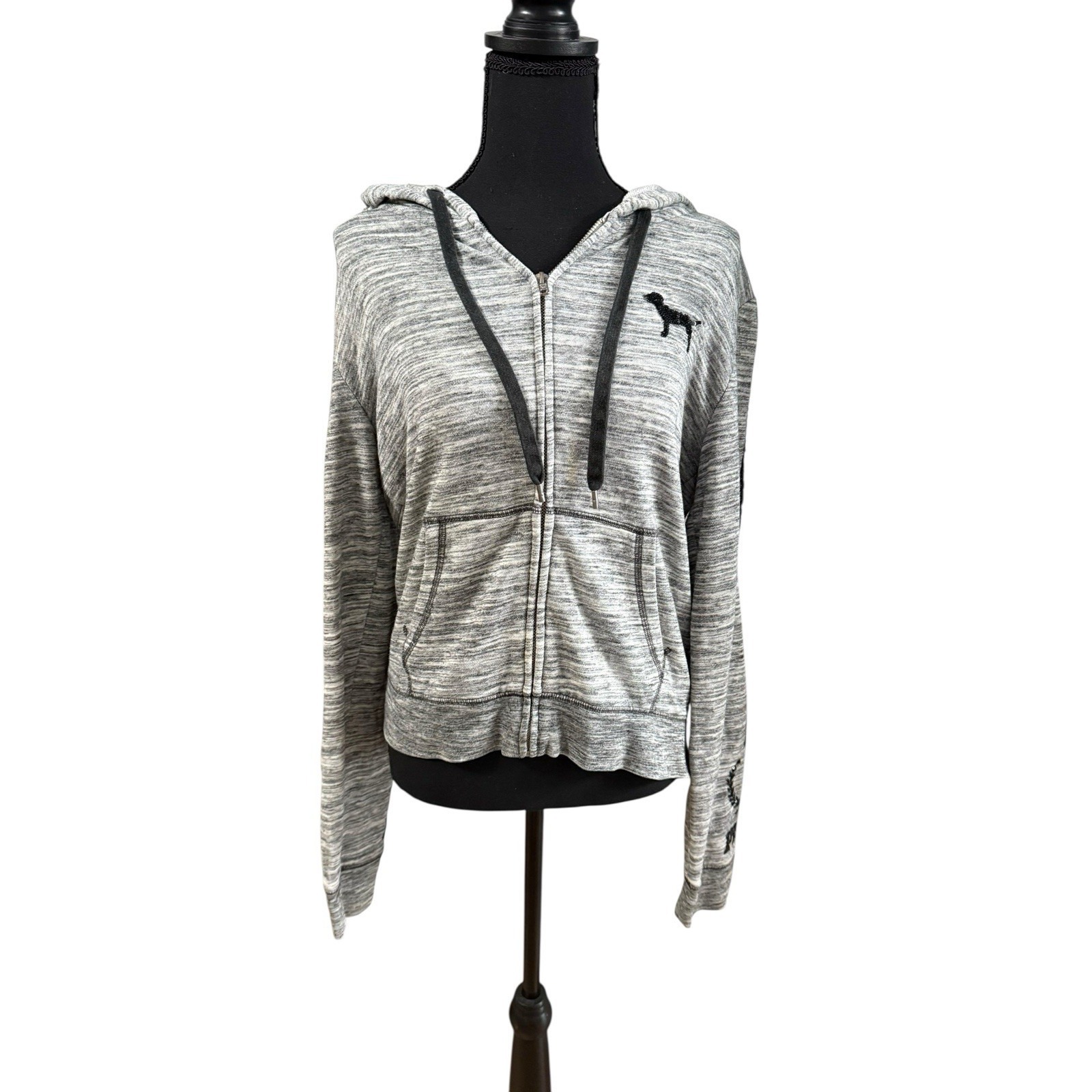 Victoria's Secret Pink Y2k Gray Zip Up Hoodie Black Sequin Logo Jacket Sz M